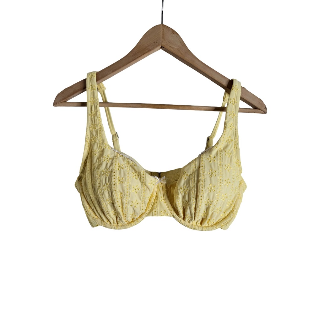 Yellow Eyelet Underwire Bikini Top Floral Embroidery Adjustable Straps Sz D/DD